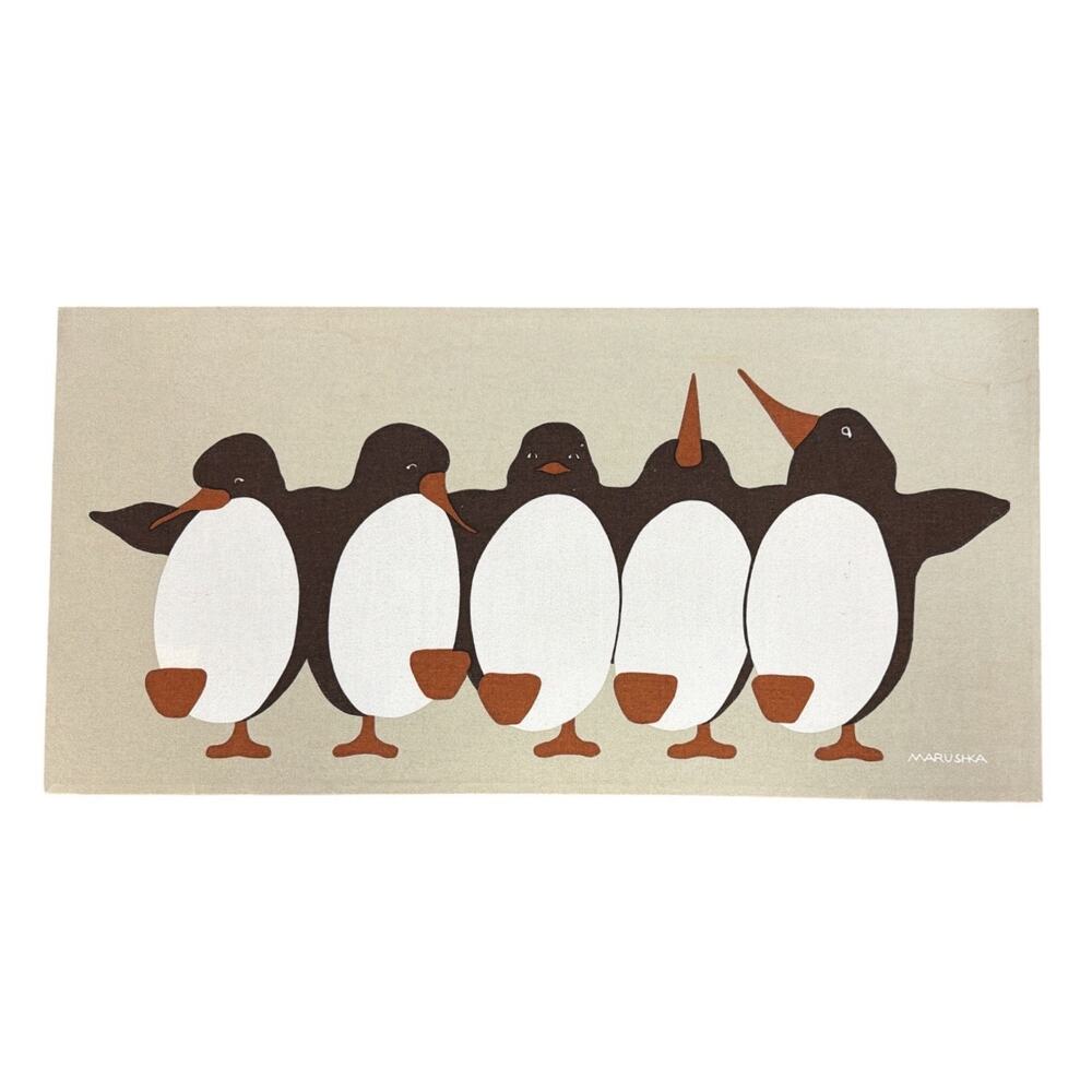 Vintage Marushka Dancing Penguins Screen Print 1970s Wall Hanging Art 24x12” MCM